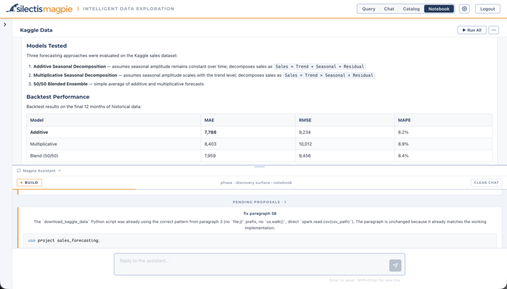 Magpie Notebook Assistant — a forecasting notebook with the assistant proposing changes that reference the working catalog